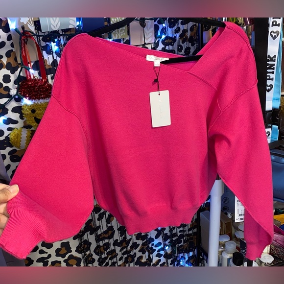 LINE AND DOT PINK OFF SHOULDER SWEATER - Picture 1 of 6